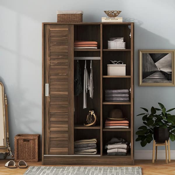 Armoire Wardrobe Wood Storage Cabinet Dark Brown Bedroom Closet Hanging Rod  Tall