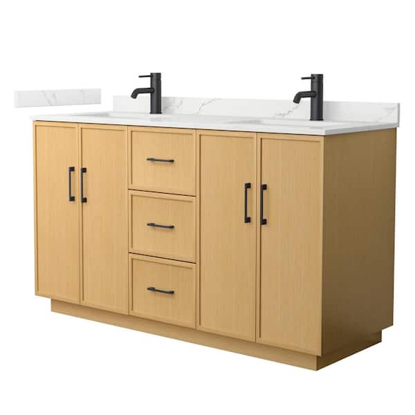 Wyndham Collection Elan TK 60 in. Double Freestanding Light Oak Bath Vanity with Giotto Quartz Top (Assembled)