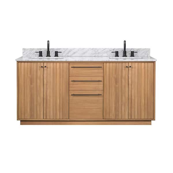 Parker 73 in. Double Sink Natural Teak Bath Vanity with Carrara White Marble Top