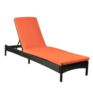 Adjustable Wicker Outdoor Chaise Lounge Patio Poolside Reclining Folding Backrest Lounge Chair with Orange Cushions
