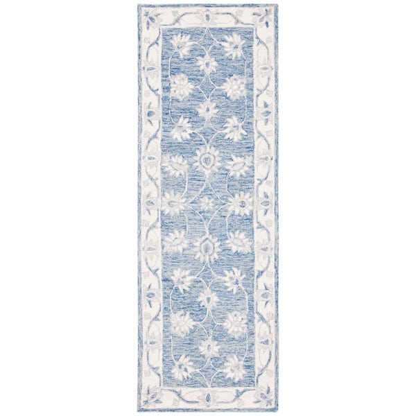 Micro Loop 2 ft. x 8 ft. Blue/Ivory Floral Runner Rug