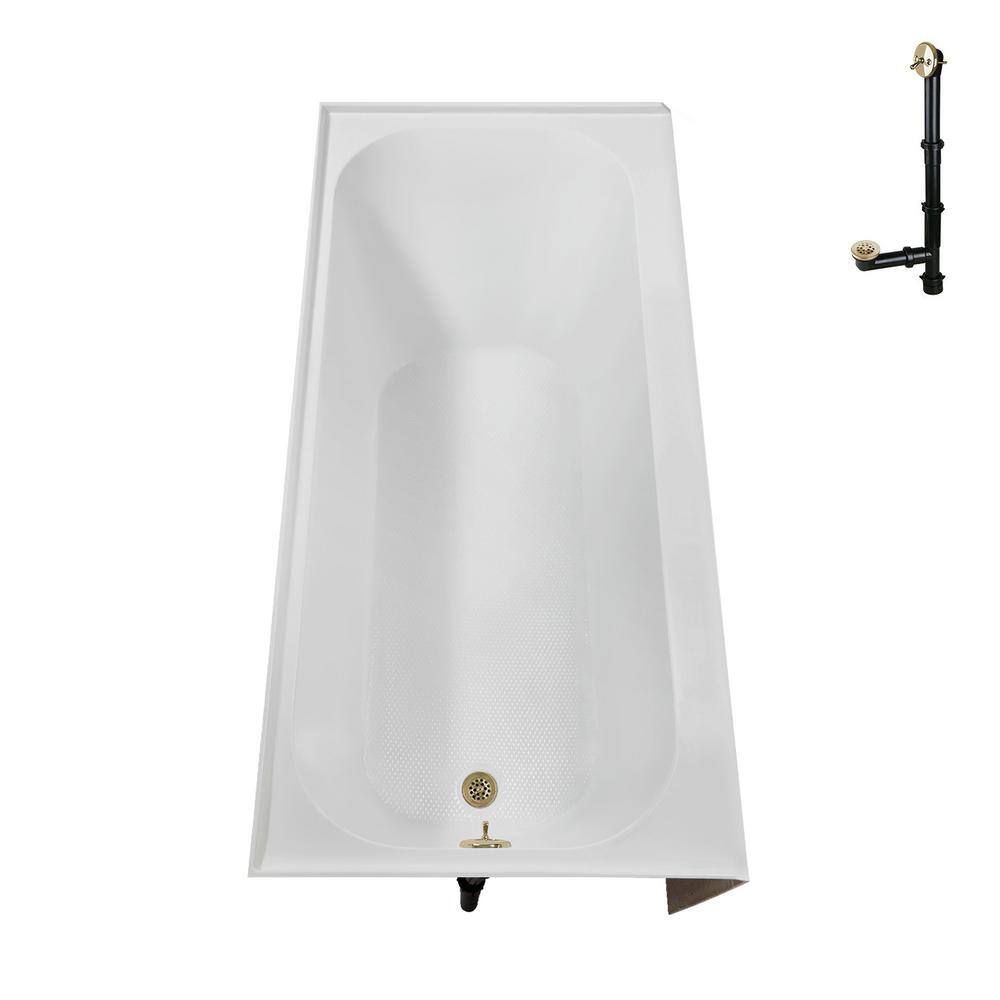 66-Inch Glossy White Acrylic Alcove Bathtub with Polished Brass Drain