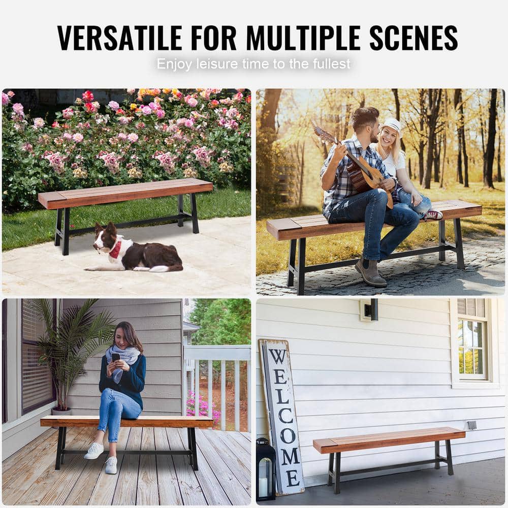 63-Inch Brown Wood and Black Metal Outdoor Bench