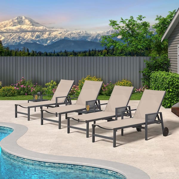 Outdoor Chaise Lounge with Wheels for Patio, Beach, Yard, Pool, Side Table Included