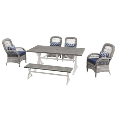 Beacon Park 6-Piece Gray Wicker Outdoor Dining Set with Midnight Cushions
