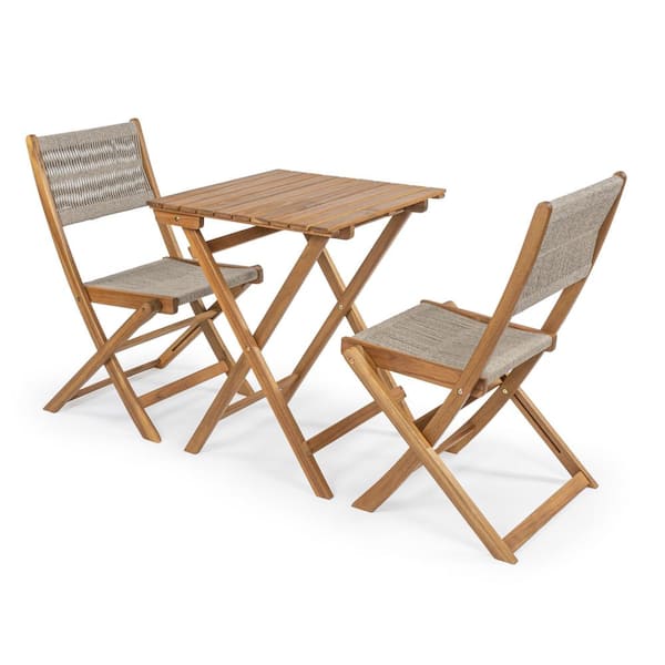 JONATHAN Y Javea Modern Coastal 3-Piece Acacia Wood Outdoor Folding Bistro Set, Beige/Teak Brown