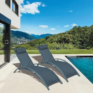 Grey Metal with Grey Fabric Outdoor Patio Adjustable Reclining Chaise Lounge (Set of 2)