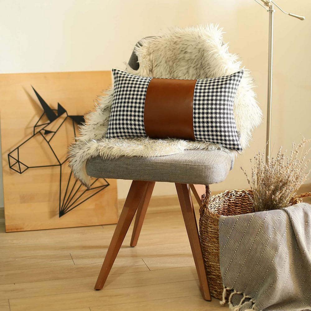 Boho-Chic Black and Brown Vegan Faux Leather Houndstooth Lumbar Pillow Cover