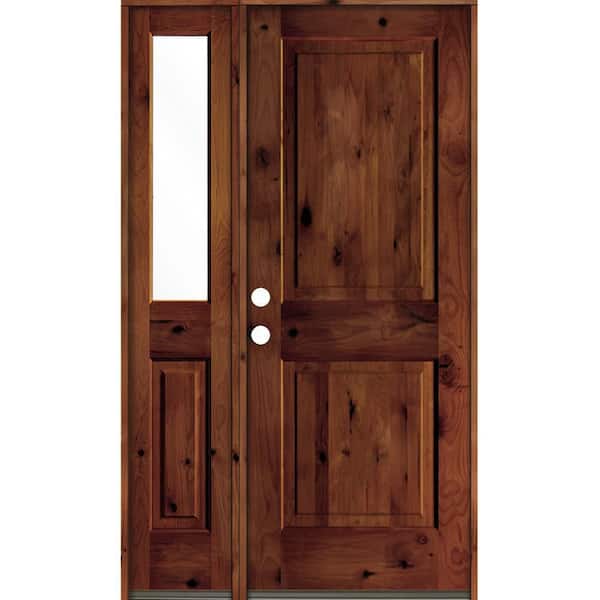 Krosswood Doors 46 in. x 80 in. Rustic knotty alder 2-Panel Right-Hand/Inswing Clear Glass Red Chestnut Stain Wood Prehung Front Door