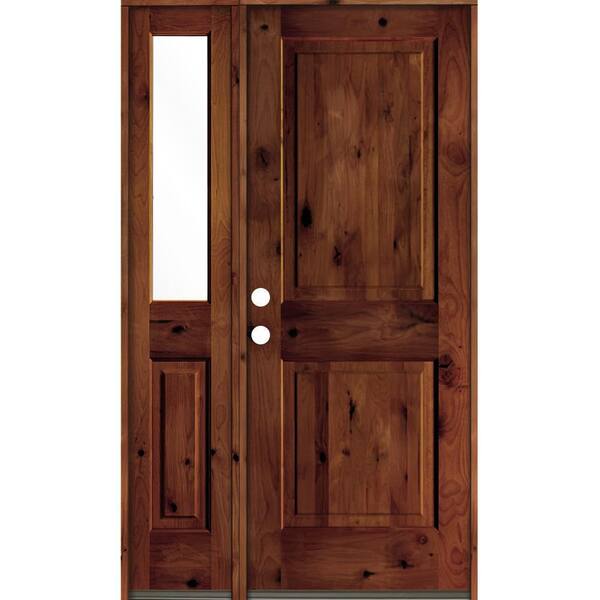 Krosswood Doors 50 in. x 80 in. Rustic knotty alder 2-Panel Right-Hand/Inswing Clear Glass Red Chestnut Stain Wood Prehung Front Door