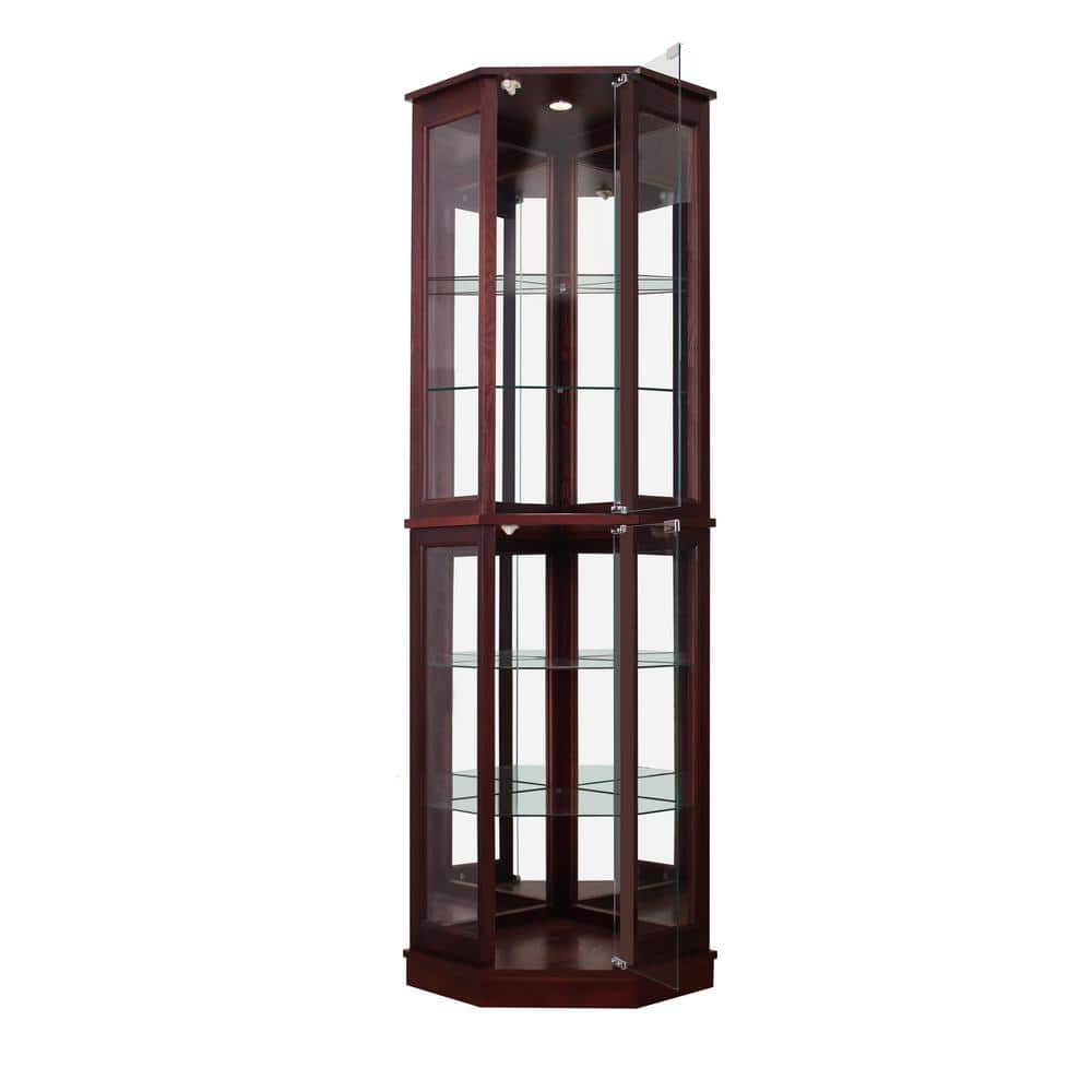 Cherry Lighted Corner Curio Cabinet with Glass Shelves