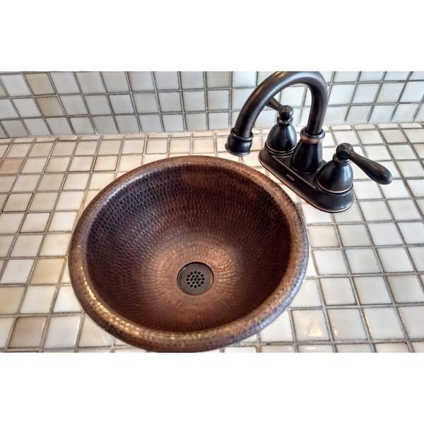 Premier Copper Products Self-Rimming Small Round Hammered Copper Bathroom Sink in Oil Rubbed Bronze