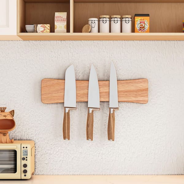 10 in. Oak Magnetic Knife Holder Strip with N52 Neodymium Magnets for Wall Storage, Organizer for Kitchen Knives