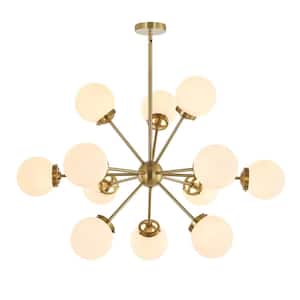 12-Light Gold Modern Chandelier, Sputnik Pedant Light Fixture with Large Opal White Glass Globe Shade
