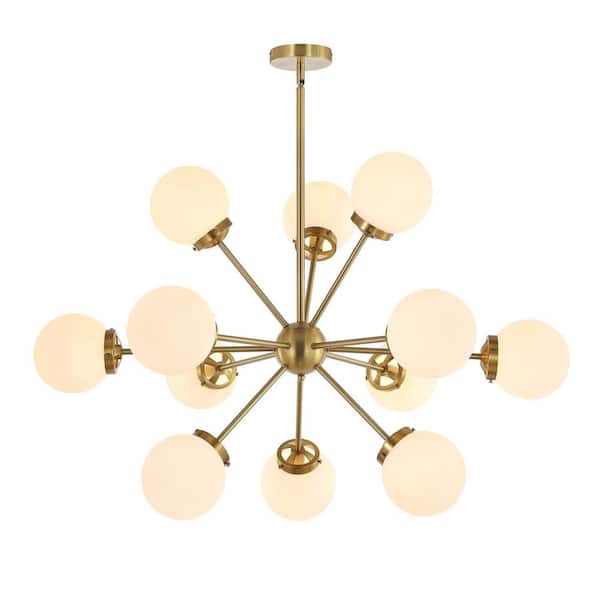 WINGBO 12-Light Gold Modern Chandelier, Sputnik Pedant Light Fixture with Large Opal White Glass Globe Shade