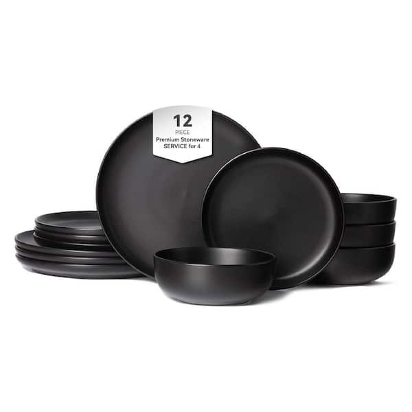 12 Piece Ceramic Stackable Dinnerware Set-Non Toxic Matte Glaze Microwave Dishwasher Safe in Black