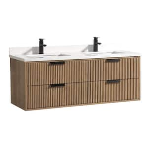 VLeaf 55 in. W x 21 in. D x 22 in. H Double Sink Wall Hung Bath Vanity Cabinet with White Engineered Stone Top