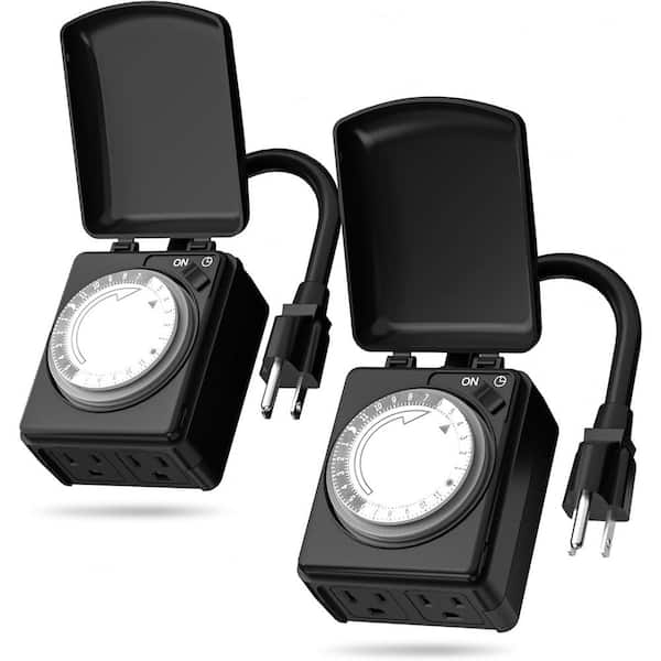 Lukyamzn 2.2 in. 2-Outlet Grounded Outdoor Mechanical Timer with 15 Minutes Intervals in Black (2 Pack)