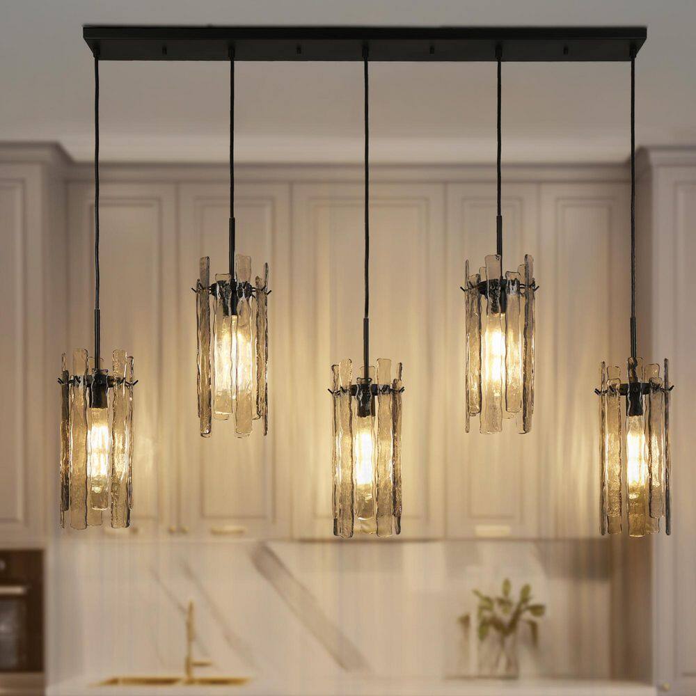 Modern 5-Light Matte Black Chandelier Linear Island High Ceiling Light with Drum Gray Textured Glass Shade price history on PriceWatchPro