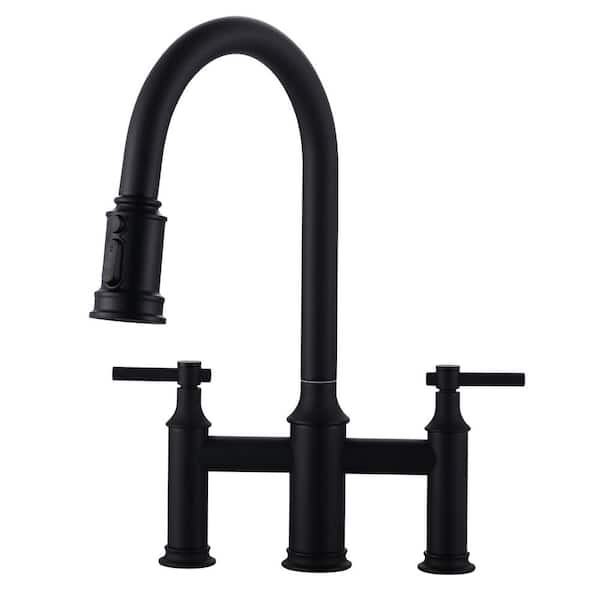 WOWOW Double Handle Bridge Kitchen Faucet with 3-Spray Patterns and 360° Rotation Spout in Black