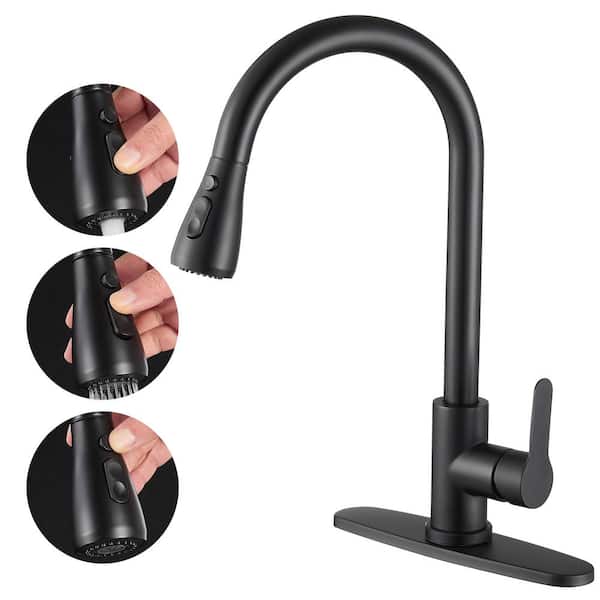 cobbe Pause Mode Single Handle Pull Down Sprayer Kitchen Faucet with Deckplate Included in Matte Black