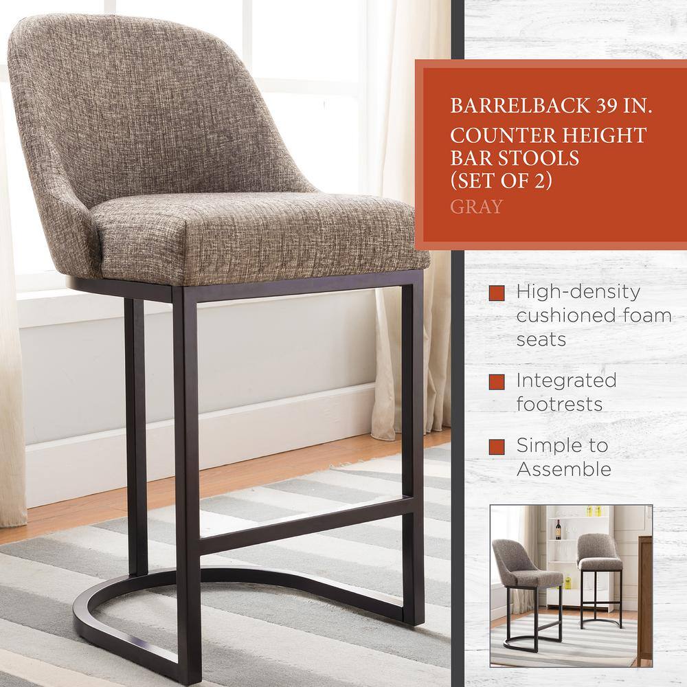 Espresso Metal and Gray Linen Barrelback Counter Stool, Set of 2