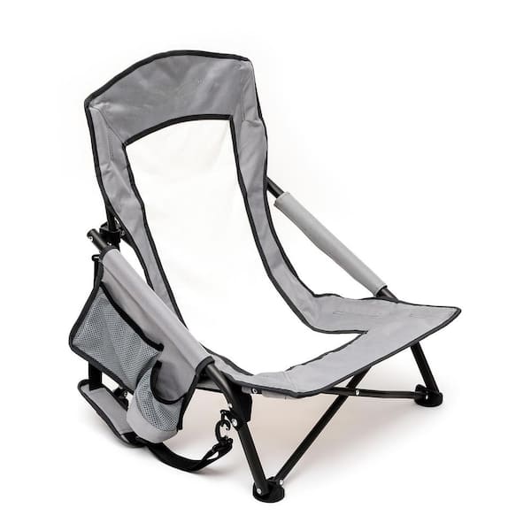 Mondawe Gray Metal Patio Folding Beach Chair Lawn Chair Outdoor Camping Chair with Side Pockets and Built-in Shoulder Strap