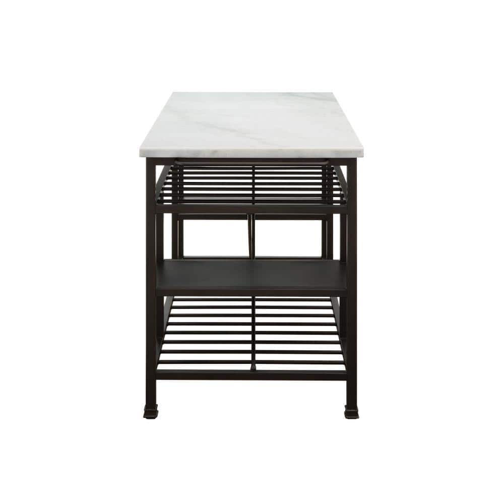 White Marble Top Brown Metal Kitchen Island with Shelves