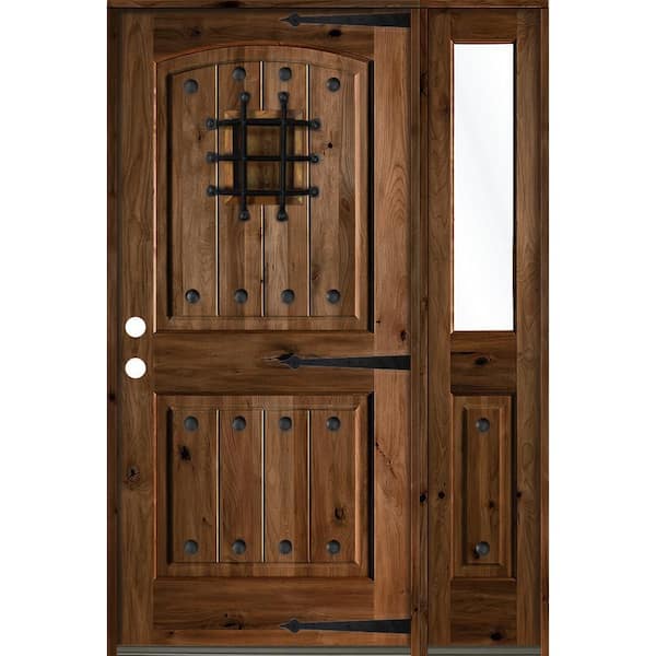 Krosswood Doors 44 in. x 80 in. Medit. Knotty Alder Right-Hand/Inswing Clear Glass Provincial Stain Wood Prehung Front Door with RHSL
