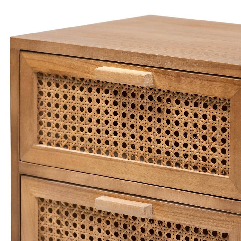 Walnut Brown Retro-Inspired 2-Drawer Rattan End Table