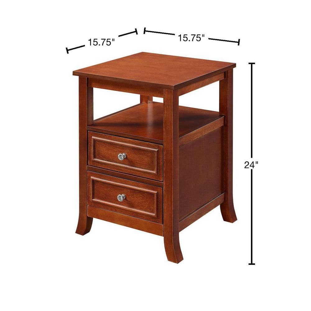 Mahogany Wood End Table with Storage Drawers and Shelf