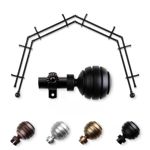 EMOH 13/16" Dia Adjustable 4-Sided Double Bay Window Curtain Rod 28 to 48" (each side) with Ysabel Finials in Black