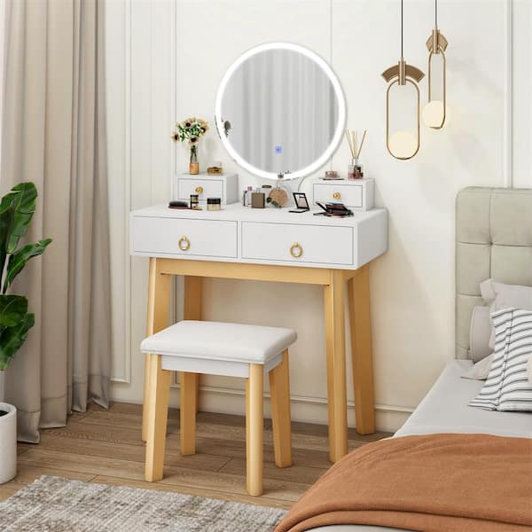 2-Piece White Makeup Vanity Table Set 3-Color Lighting Modes and Jewelry Divider Dressing Table