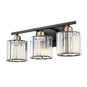 19.29 in. 3-Light Black and Gold Modern/Contemporary Vanity Light with Cylinder Crystal Shade