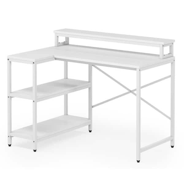 Tribesigns Lantz 43.3 in. L-Shaped White Wood and Metal Computer Desk with Monitor Stand Riser and Storage Shelves