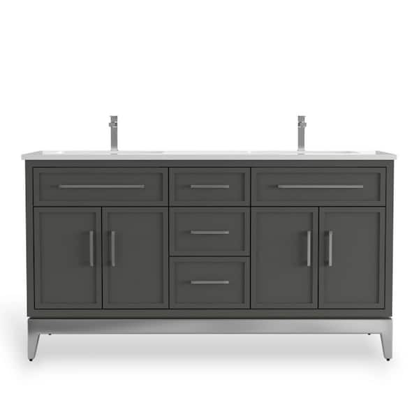 Barrington 63in. Double Freestanding Gray Bath Vanity with White Quartz Top