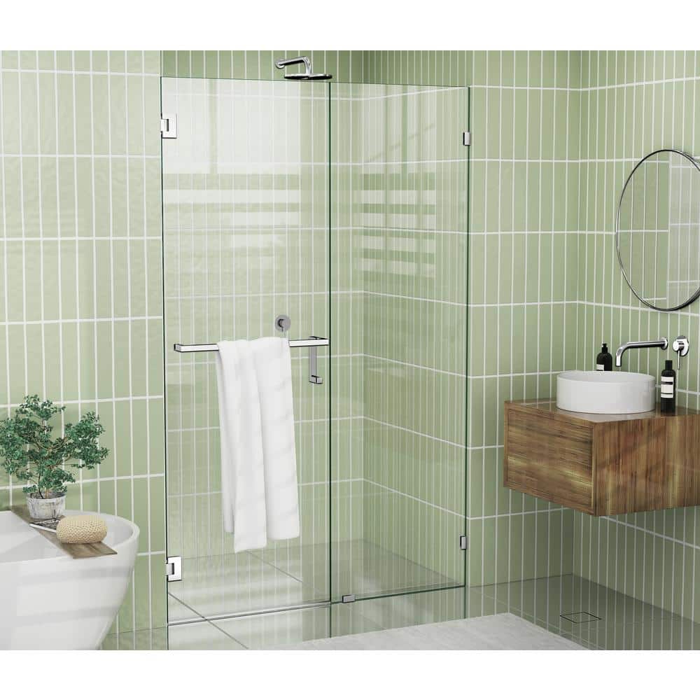 Polished Chrome Frameless Clear Glass Pivot Shower Door with Towel Bar