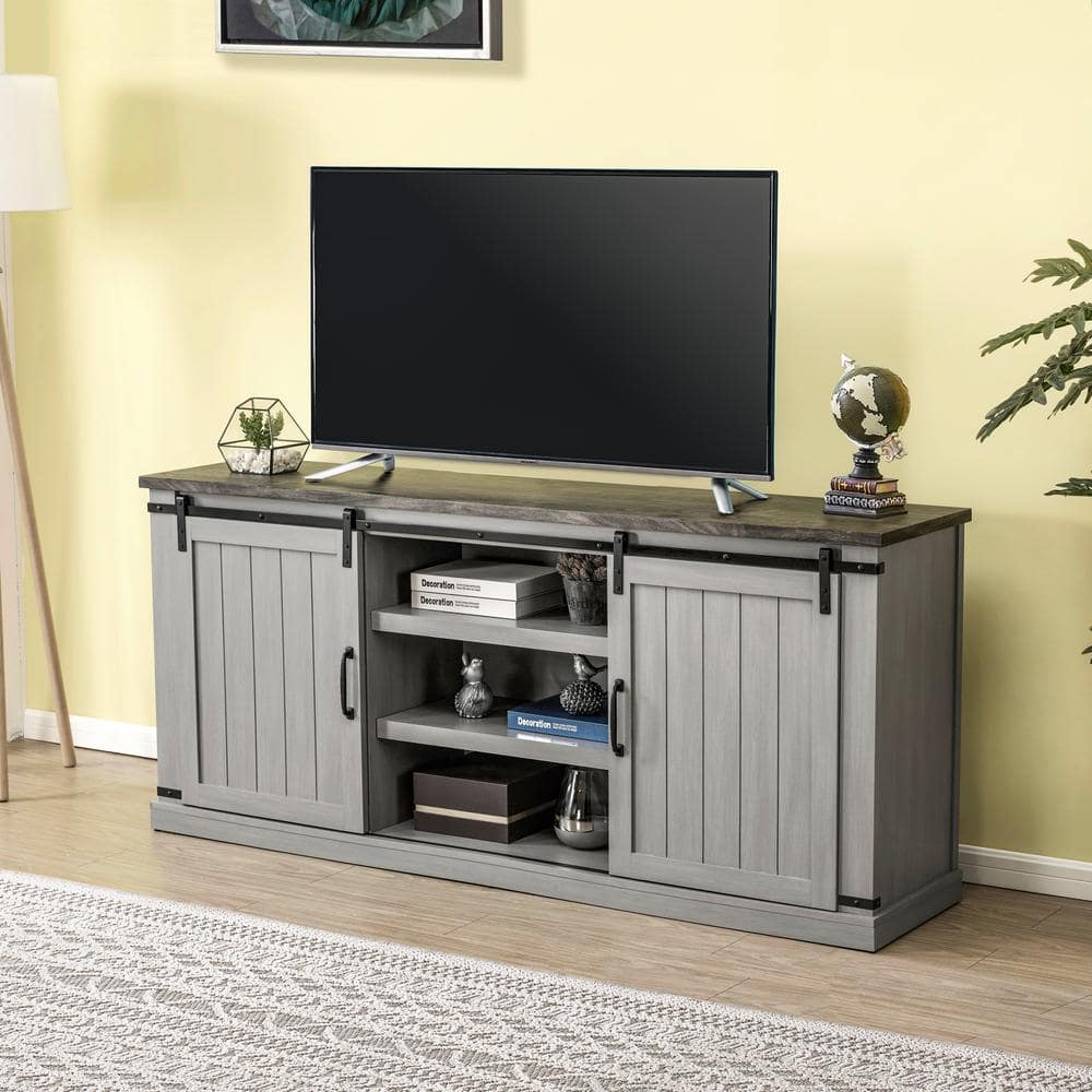 Gray Sliding Barn-Door TV Stand with Adjustable Shelves