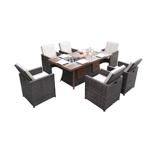 Jessica 7-Piece Wicker Patio Conversation Set with Beige Cushions with Firepit Table