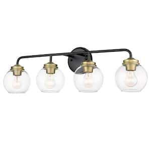 32.3 in. 4-Light Black and Brushed Brass Vanity Light with Clear Glass Shade for Bathroom