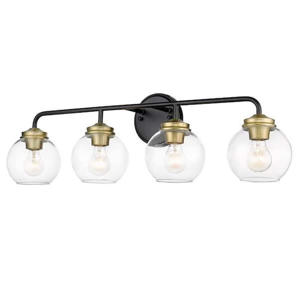 JAZAVA 32.3 in. 4-Light Black and Brushed Brass Vanity Light with Clear Glass Shade for Bathroom