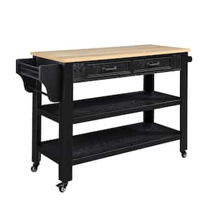 Retro Rolling Black Solid Oak Wood Countertop 57 in. Kitchen Island with Drawers