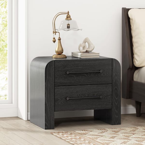 Erika Black 23.75 in. H Nightstands with 2 Storage Drawers Black Metal Handles Curved Profile Design