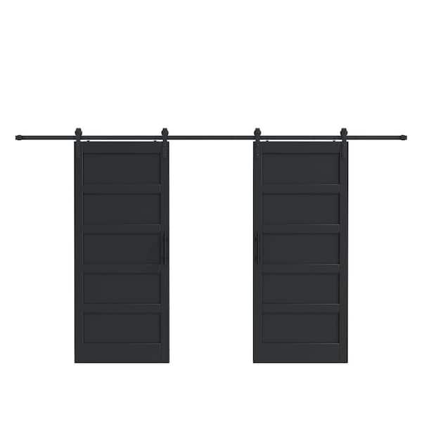72 in. x 96 in. (Double 36 in.) 5-Panel Black Finished MDF Wood Interior Sliding Barn Door with Hardware Kit