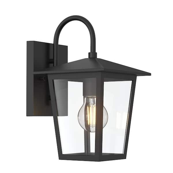 Rosebrook 12 in. 1-Light Black Outdoor Hardwired Wall Lantern Sconce with Clear Glass Shade Integrated LED Included