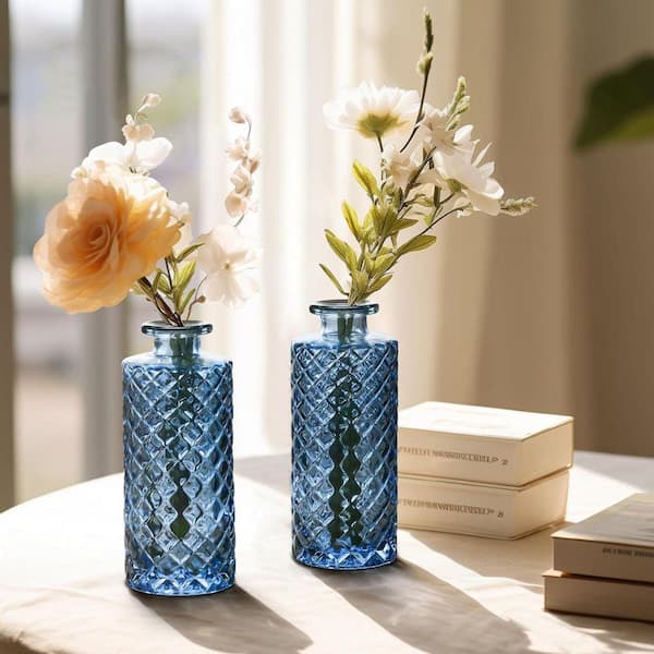 5.2 in. Set of 12 Blue Glass Diamond Bud Vases, Mini Vintage Vases