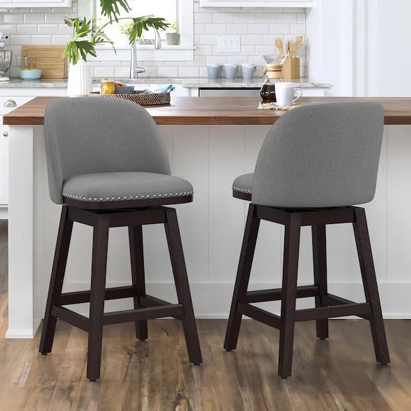 OrangeOne Meliodas 26 in. Medium Gray Fabric Upholstered Dark Brown Solid Wood Leg Counter Height Swivel Barstool Set of 2