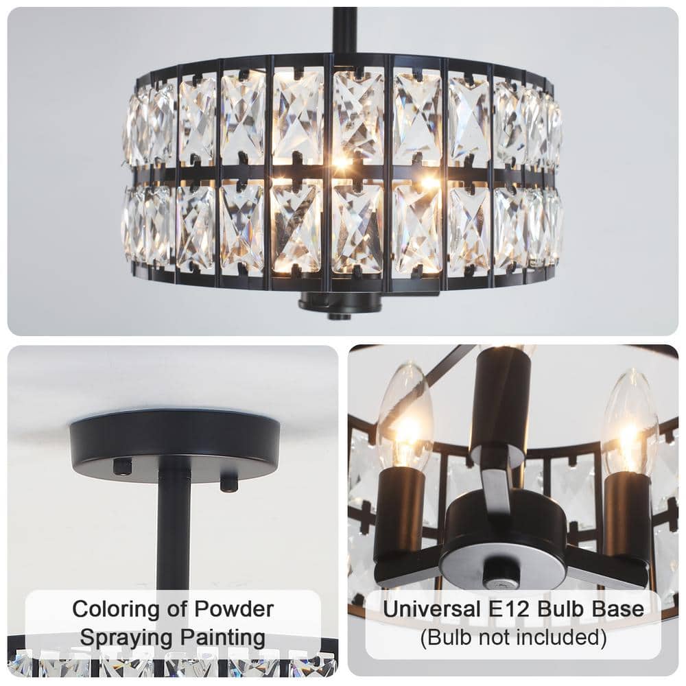 Black Metal and Crystal Drum Semi-Flush Mount Ceiling Light