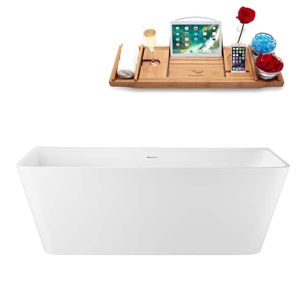 Streamline 67 in. x 30 in. Acrylic Freestanding Soaking Bathtub in Glossy White with Polished Gold Drain, Bamboo Tray