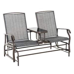 57.75 in. W Gray Metal Outdoor Glider with Center Table, Breathable Mesh Fabric and Armrests for Backyard Garden Porch